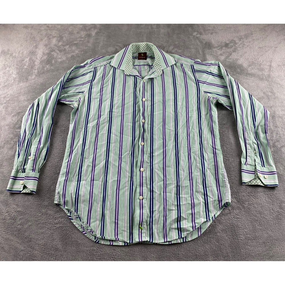 Tailorbyrd Mens Large Green Purple Striped Long Sleeve Button Up Shirt Flamingo